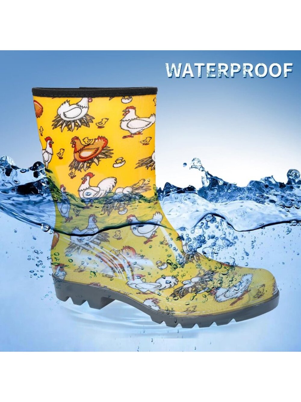 Women's Yellow Wide Calf Waterproof Rubber Garden Cushioned Insole Rain Boots - Picture 3 of 6